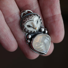 Load image into Gallery viewer, Porcelain Owl, with moonstone in Sterling.