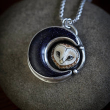 Load image into Gallery viewer, Porcelain Owl, with Blue Goldstone Crescent
