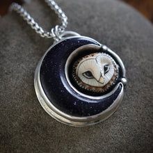 Load image into Gallery viewer, Porcelain Owl, with Blue Goldstone Crescent