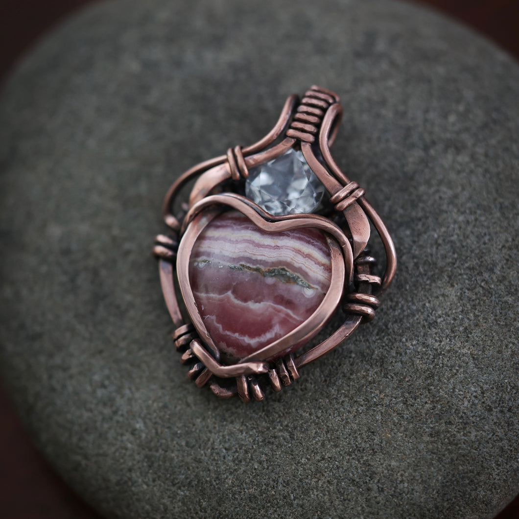 Rhodochrosite Heart with Faceted Quartz