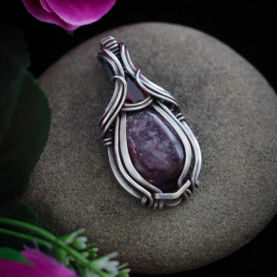 Gemmy  Lepidolite Mica with Faceted Rhodolite Garnet